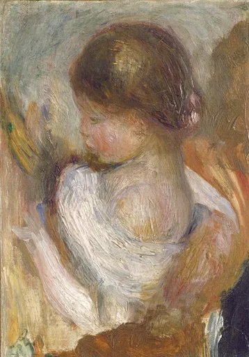 A young girl with dark hair bows her head over a book in a loose white blouse, painted in soft brown, cream, and blush tones