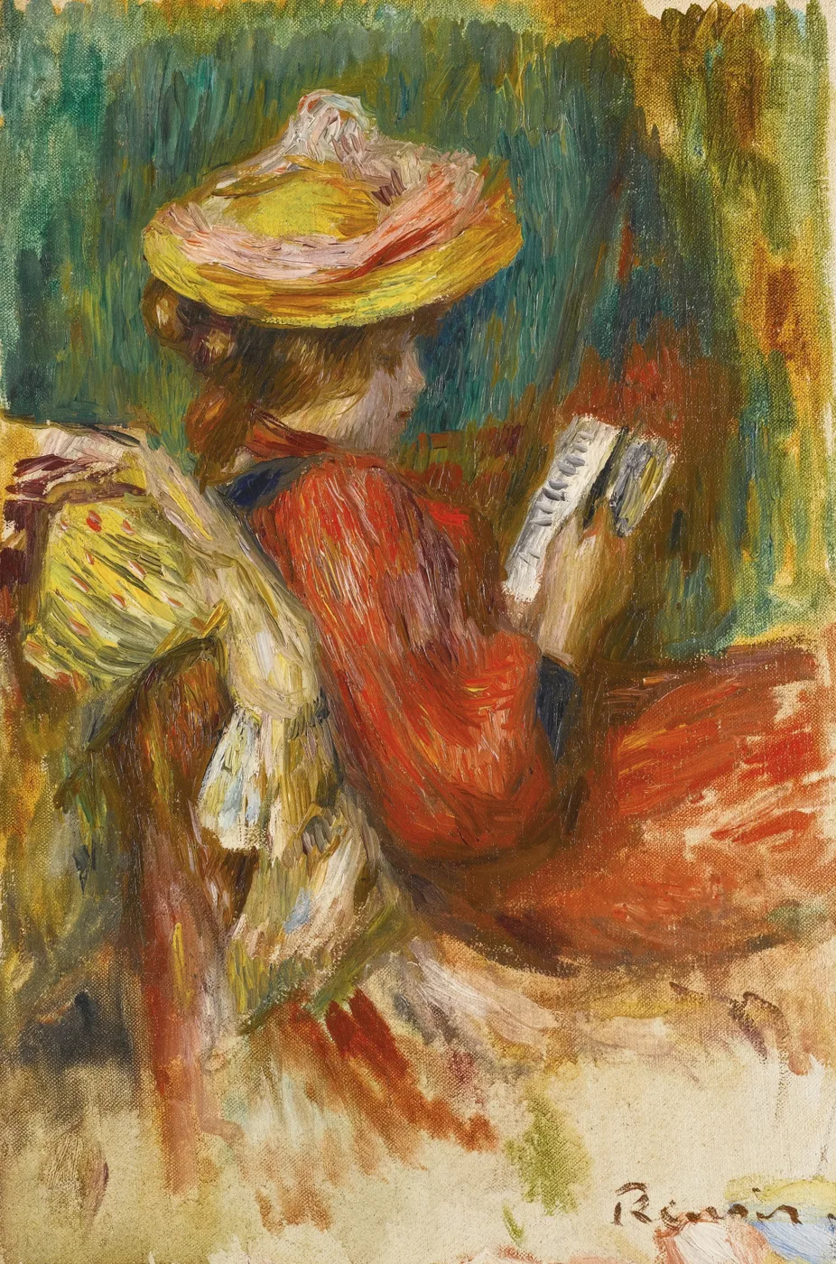 A young woman in a straw hat and red shawl is glimpsed from behind reading, in loose strokes of teal and gold.