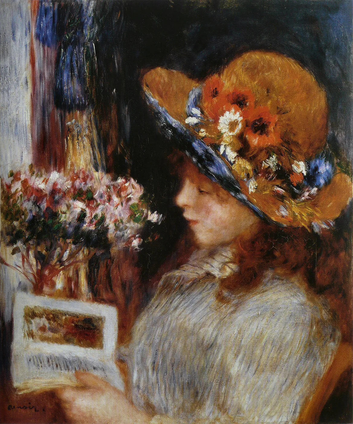 A young woman in a wide straw hat trimmed with orange and white flowers reads a book beside a vase of blossoms, in warm ochre, cream, and dark brown tones