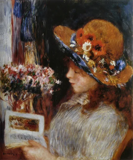 A young woman in a wide straw hat trimmed with orange and white flowers reads a book beside a vase of blossoms, in warm ochre, cream, and dark brown tones