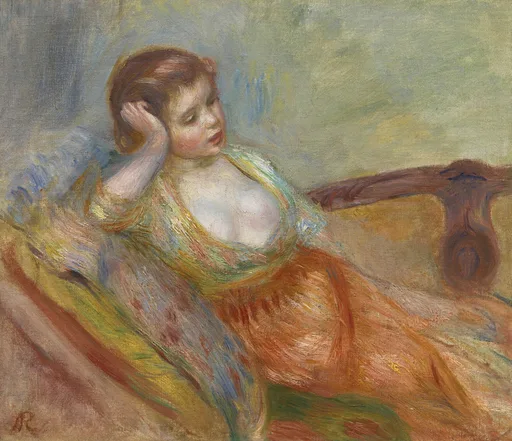 A young woman reclines on a sofa with her breasts bared, dress fallen from her shoulders, resting her head on her hand, in warm orange and blue-green tones.