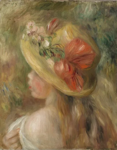 A young girl seen from behind wears a wide straw hat trimmed with pink flowers and a bold red ribbon, in golden and soft green hues