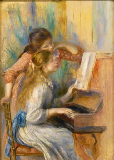 Two young girls at a piano, one in a striped dress playing and one in a pink polka-dot dress leaning over her shoulder, in gold and blue