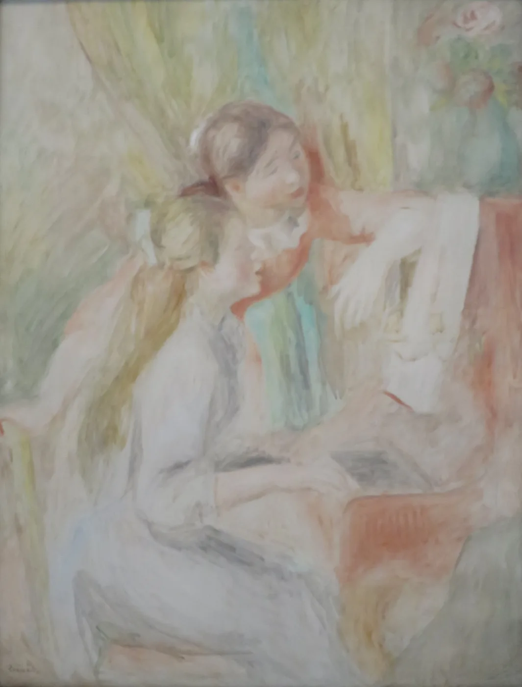 A faded pastel study of two young girls at a piano, one seated playing and one leaning beside her, in pale pink and soft green tones