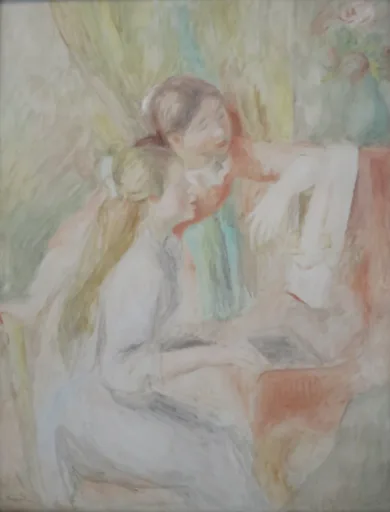 A faded pastel study of two young girls at a piano, one seated playing and one leaning beside her, in pale pink and soft green tones
