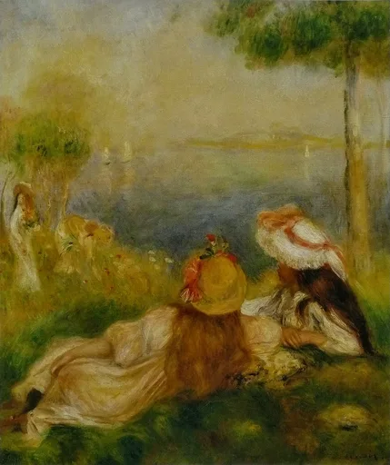 Girls in straw hats lounging on a grassy riverbank with sailboats on the water behind them, in golden yellow, green, and cream tones