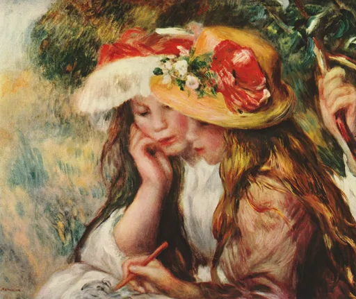Two young girls in flower-trimmed straw hats lean close together, one drawing, amid dappled green foliage