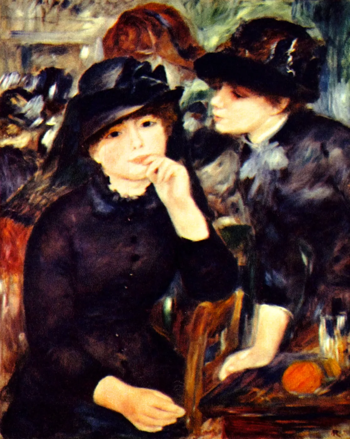Two young women in dark hats and black dresses seated close together at a cafe table, in deep black, cream, and touches of orange