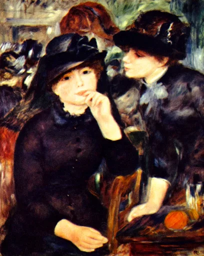 Two young women in dark hats and black dresses seated close together at a cafe table, in deep black, cream, and touches of orange