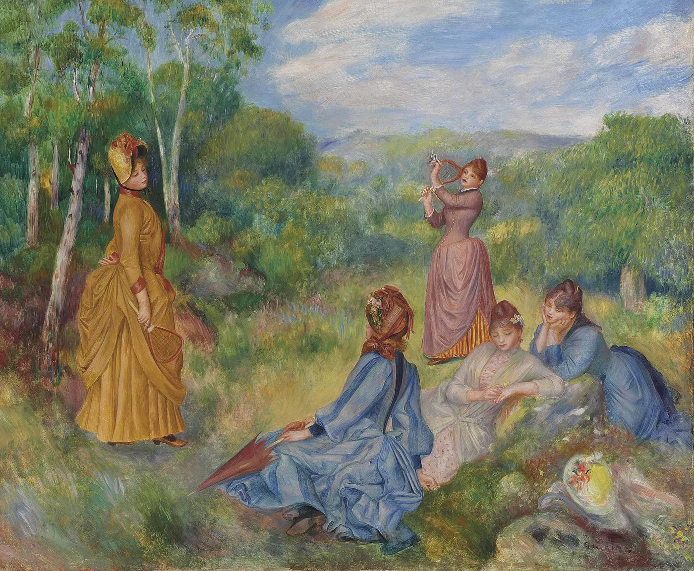 Young women in a wooded meadow play shuttlecock, one in mustard yellow, one in pink mid-swing, others reclining in blue.