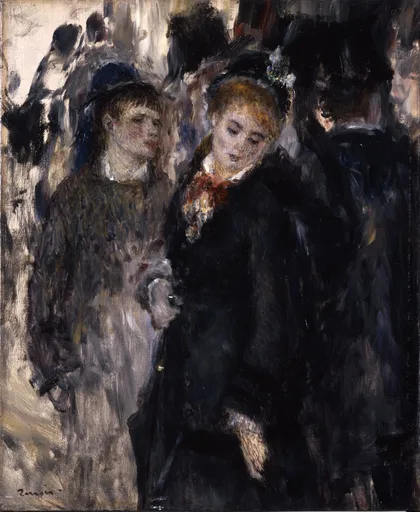 Two young women in hats walk arm in arm through a crowded street, one in a dark coat with a red scarf, in black, grey, and cream tones