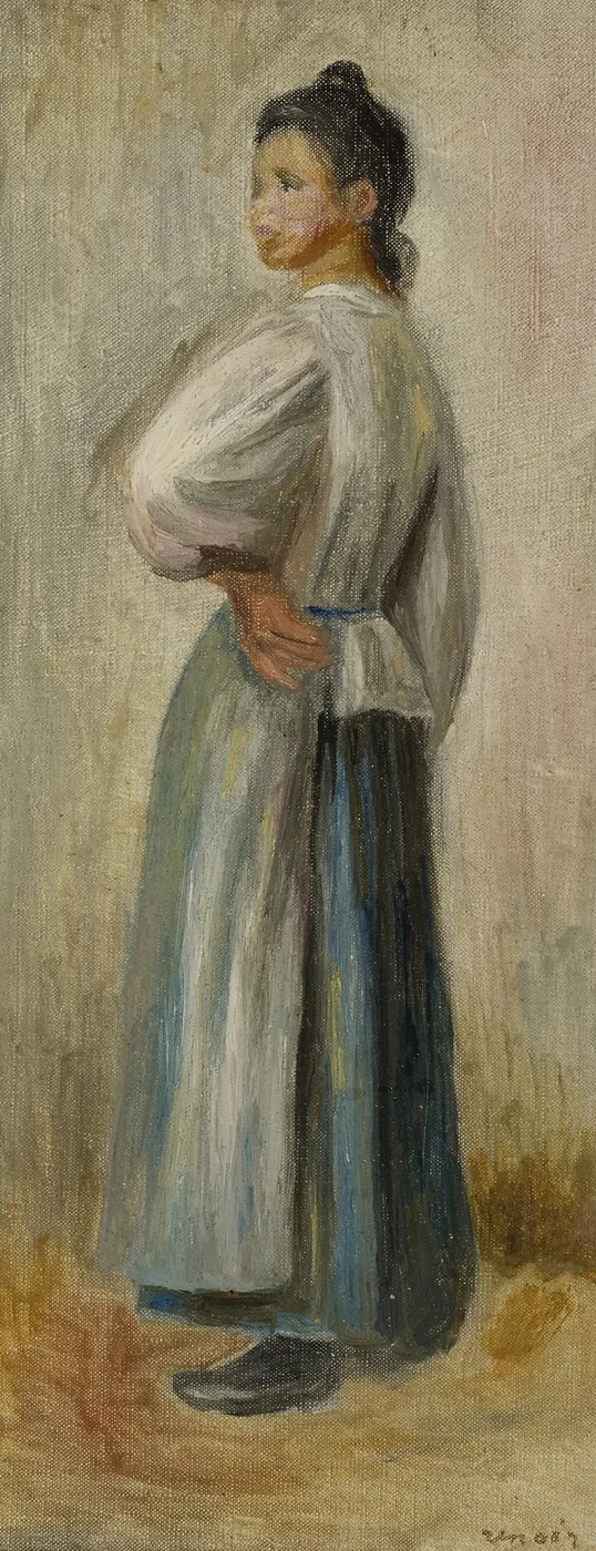 A young peasant woman stands in profile with hands clasped behind her back, wearing a white blouse and blue-grey skirt.