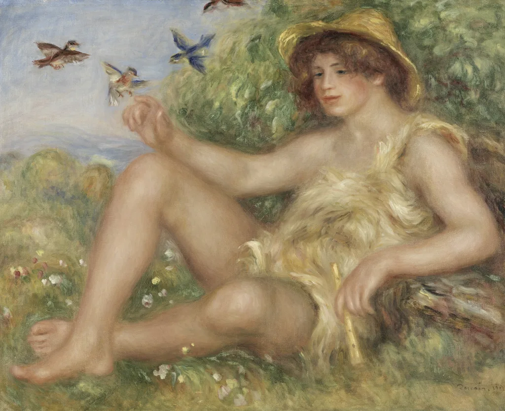 A young shepherd in a straw hat and fur tunic reclines in the grass, reaching toward birds fluttering above his hand