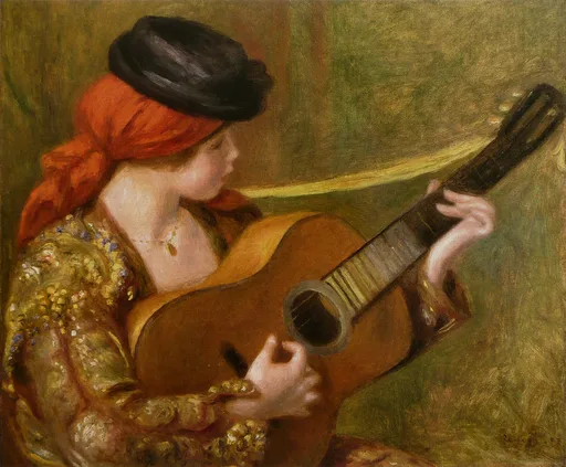 A woman in a black hat and orange headscarf plays a large guitar in profile, wearing an embroidered gold shawl, in warm ochre and rust tones