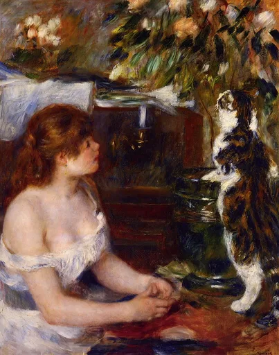 A woman in a white off-shoulder dress gazes at a tabby cat perched on a pedestal, flowers blooming above them.