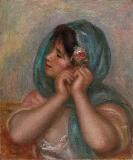 A young woman with a pink rose in her hair raises both hands to her earring beneath a teal headscarf, in soft pink and teal tones
