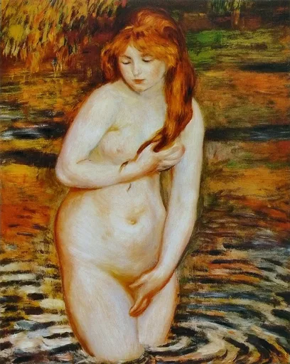 A nude young woman kneels in a river, holding her long red hair, amid warm orange and amber water reflections.