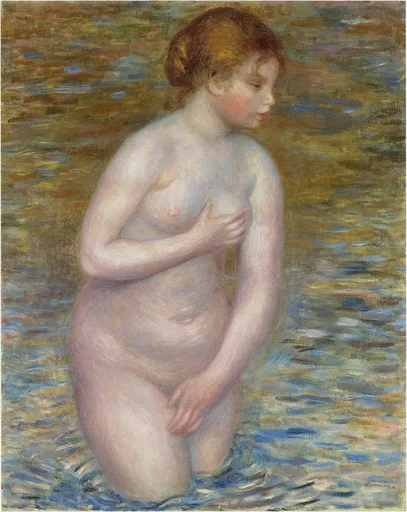 A nude bather kneels waist-deep in rippling blue water against a golden brown backdrop, arms crossed over her chest, in soft pink tones