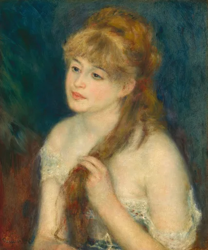 A young woman with auburn hair braids it over one shoulder, wearing a lace-trimmed chemise against a deep teal background