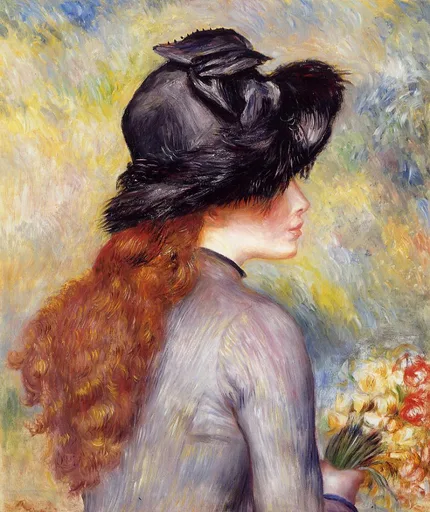 A young woman in a black feathered hat and grey coat holds a bouquet of red and yellow flowers, her red hair loose.
