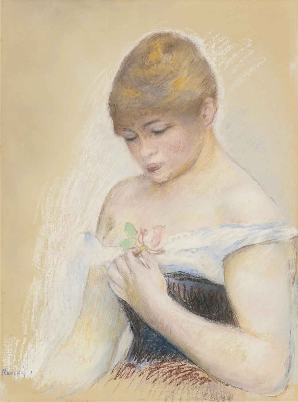 A pastel portrait of a young woman gazing down at a pink rose held in her hands, in soft cream and blush tones.