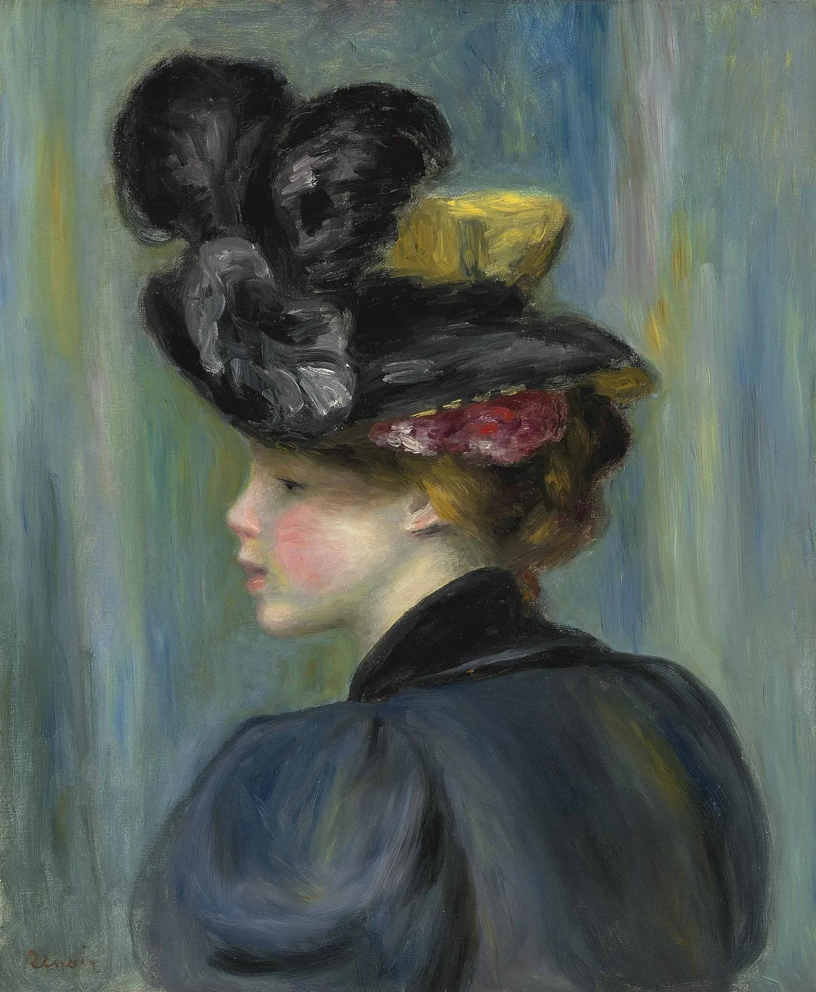 A woman in profile wears a black feathered hat with red flowers and a blue coat against a blue-grey backdrop.