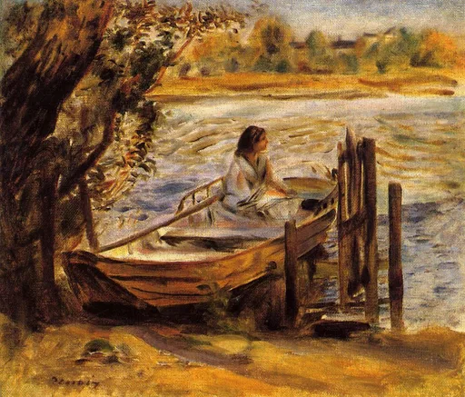 A woman in a white dress sits in a wooden rowboat moored by a riverbank under a leaning tree, water and far shore beyond.