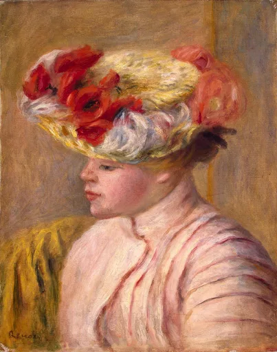 A young woman in profile wears a straw hat piled with red poppies and pink roses, dressed in a pale pink striped blouse