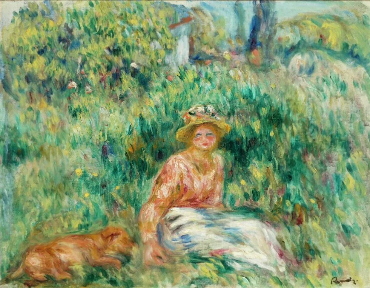 A woman in a straw hat sits amid lush garden greenery with a dog resting beside her, in vivid green brushwork