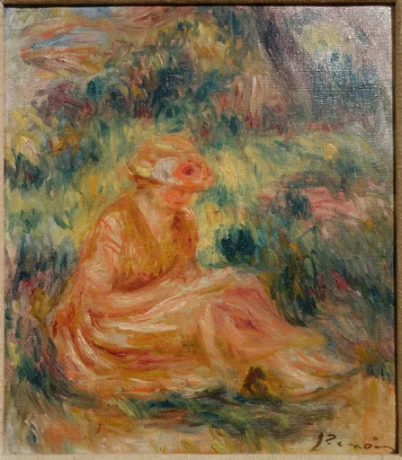 A seated woman in a pink hat and dress reads amid dense foliage, rendered in loose orange and green brushstrokes