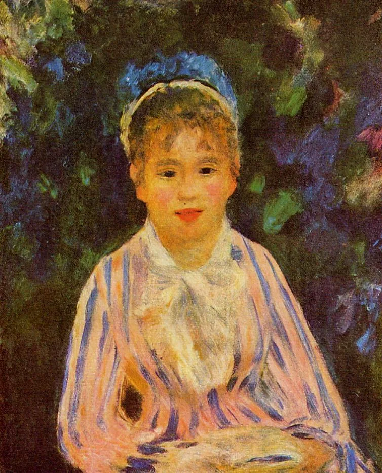 A young woman with a blue headband and curly blond hair wears a pink and blue striped blouse against dark green foliage.