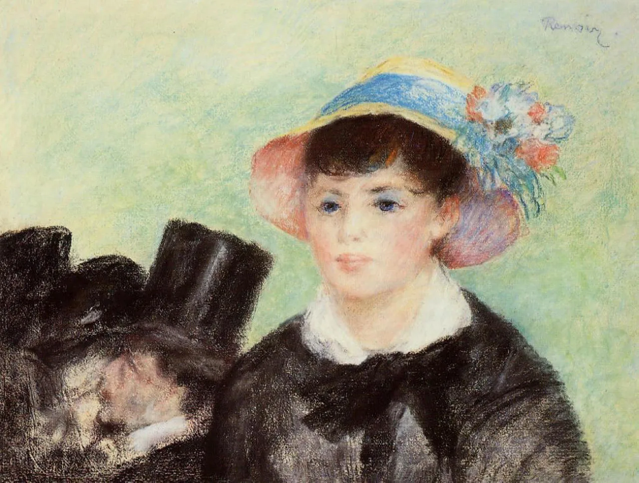 A pastel portrait of a woman in a flowered straw hat beside a companion in a black top hat, on pale green.