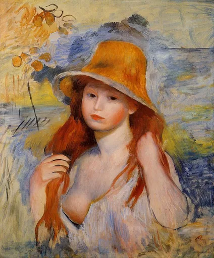A young woman with long red hair and a bare shoulder wears a mustard straw hat against a blue background with fruit.