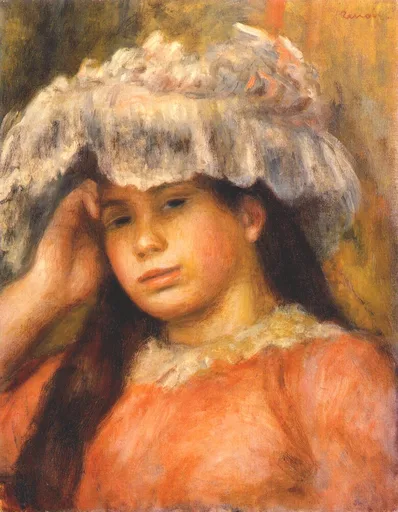 A young woman in a white lace hat rests her hand near her head, wearing a coral-red dress against a golden backdrop.