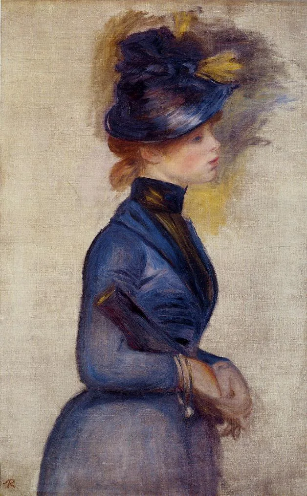 A woman in profile wears a dark blue dress and a feathered hat trimmed with yellow, against a cream background.