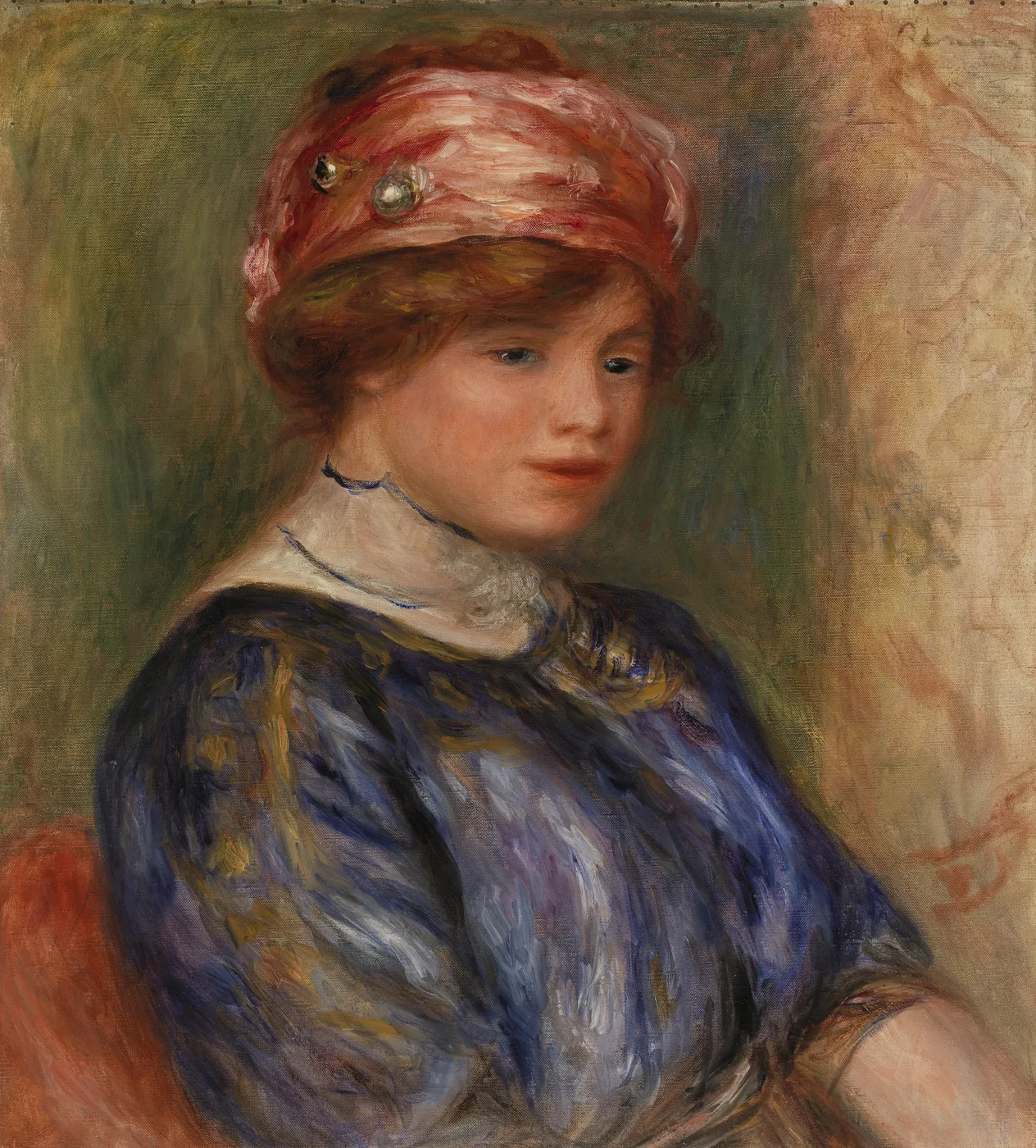 A young woman in a blue striped blouse and a pink jewelled cap glances downward, painted against a muted green backdrop