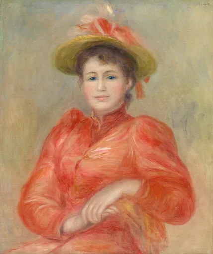 A seated young woman in a red dress and straw hat trimmed with a pink feather, in coral red and soft beige