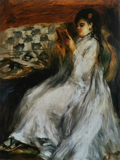 A woman with dark hair seated in a voluminous white dress, hands raised toward her chest, against a warm brown background