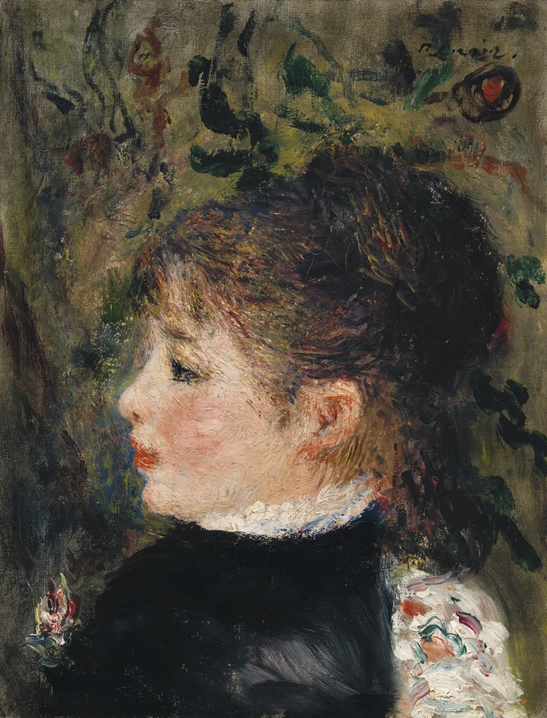 A young woman's head in profile, dark curly hair and a white lace collar, set against olive-green foliage.