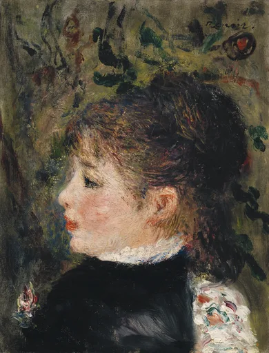 A young woman's head in profile, dark curly hair and a white lace collar, set against olive-green foliage.