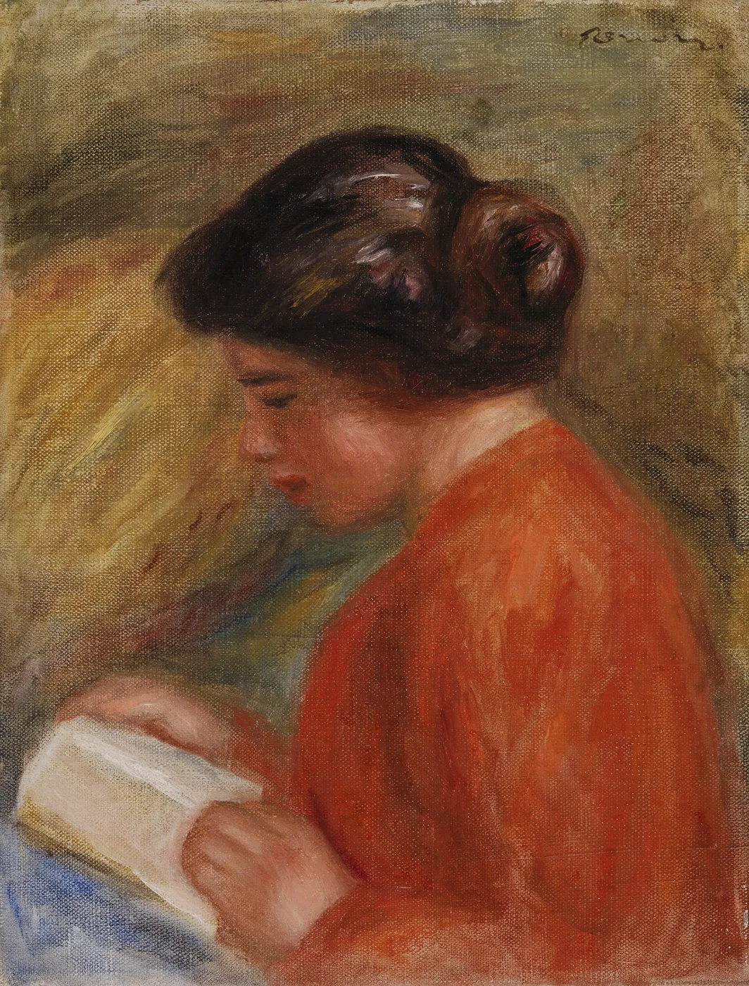 A young woman in a burnt orange blouse reads a book in profile, her dark hair pinned up, against a golden ochre background