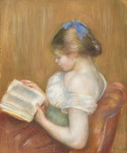 A pastel of a young woman with a blue hair ribbon reading a book in an armchair, against a warm ochre background.