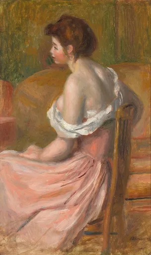 Seen from behind, a woman sits on a chair with her chemise slipped off her shoulders, a pink skirt pooling around her