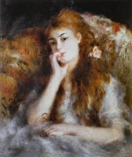 A young woman with long loose auburn hair rests her chin on her hand in a thoughtful pose, leaning on a fur draped surface, in warm amber tones