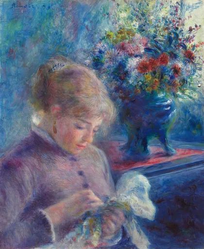 A woman bends over sewing white fabric beside a vase overflowing with red and blue flowers, painted in vivid blue and violet tones
