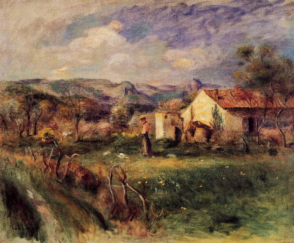 A small figure of a woman stands near a red-roofed farmhouse beneath hills and a cloudy blue sky.