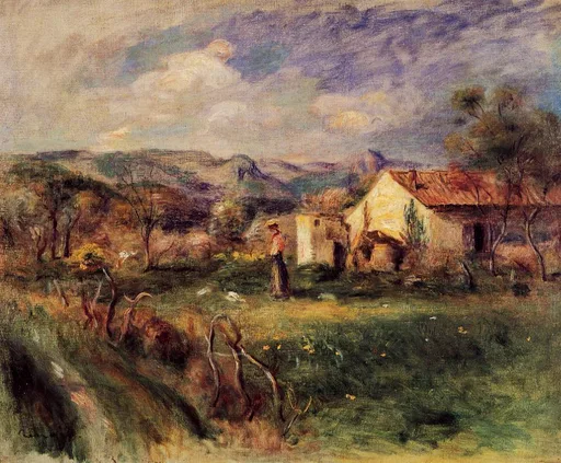 A small figure of a woman stands near a red-roofed farmhouse beneath hills and a cloudy blue sky.