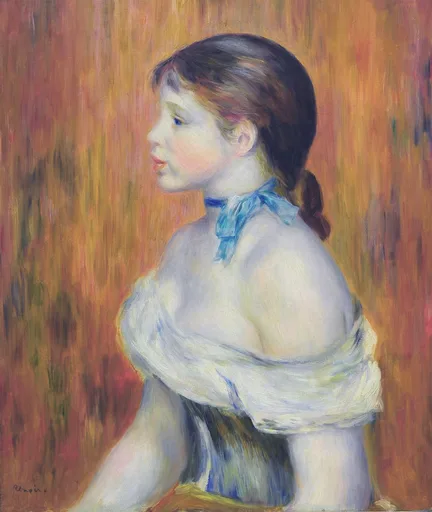 A young woman in profile with a blue ribbon choker, her bare shoulders wrapped in a white cloth, against a warm orange background