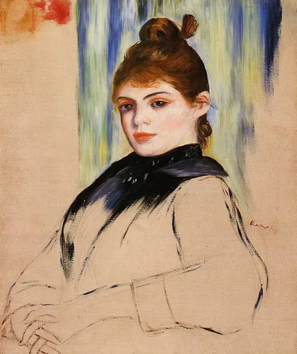 An unfinished portrait of a woman with her hair in a bun, a black shawl over a cream dress, against blue-green stripes.