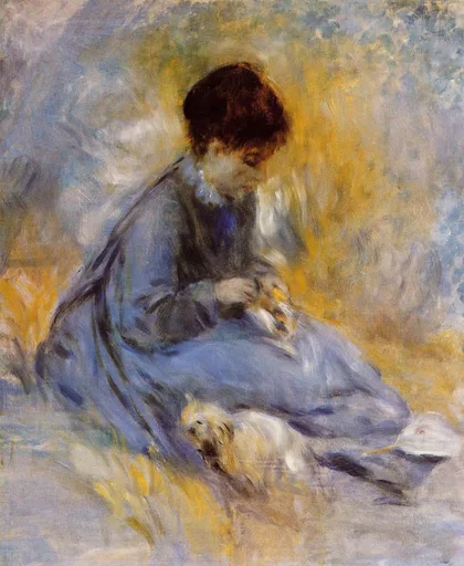 A woman in a blue dress sits with a small white dog beside her, against a golden and blue background.
